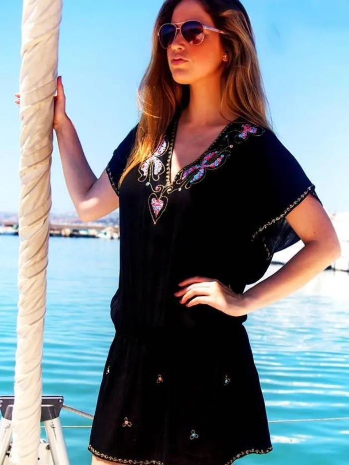 Lindsey Brown Paloma Black & Coral Sequin Black Beach Dress