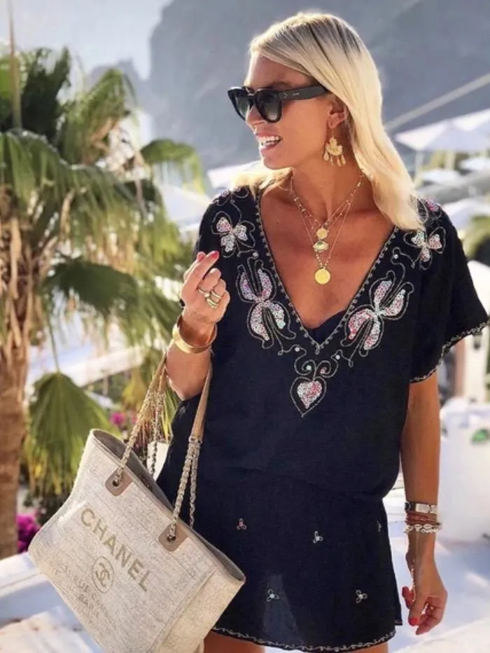 Lindsey Brown Paloma Black & Coral Sequin Black Beach Dress