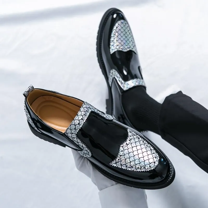 Mens Loafers Metallic Glitter Slip-on Smoking Shoes Moccasins Leather Dress Shoes
