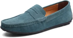 Men's Loafers Shoes Genuine Leather Round Toe Stitching Details Suede Vamp Rubber Sole Penny Loafer Slip Resistant Lightweight Flexible Wedding(Green,10 M US)