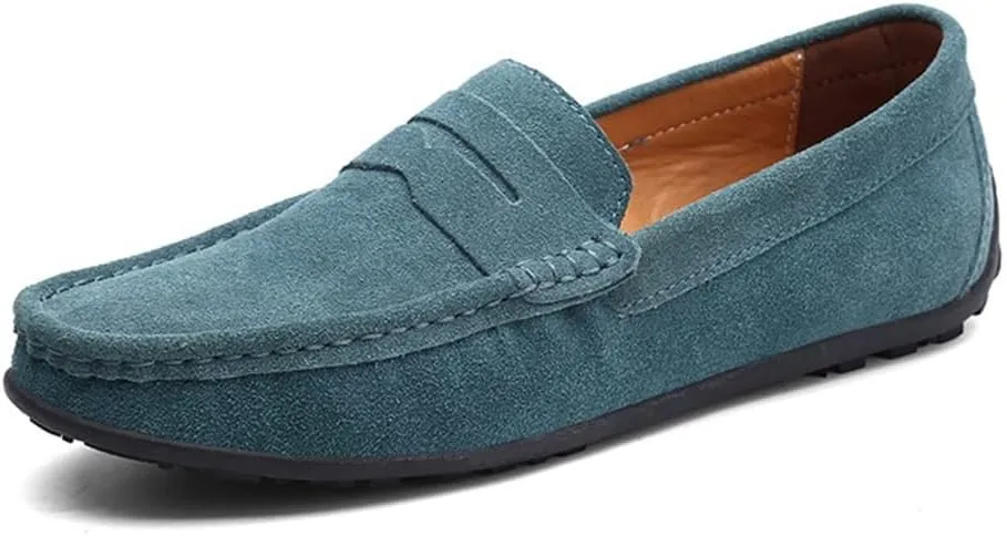 Men's Loafers Shoes Genuine Leather Round Toe Stitching Details Suede Vamp Rubber Sole Penny Loafer Slip Resistant Lightweight Flexible Wedding(Green,10 M US)