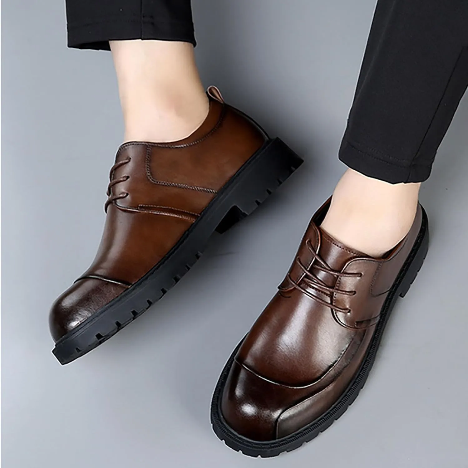 Men's Thick Sole Casual British Business Dress Shoes Comfortable Breathable Soft Leather Rubber Sole for Stability Ideal for Office and Occasions Perfect
