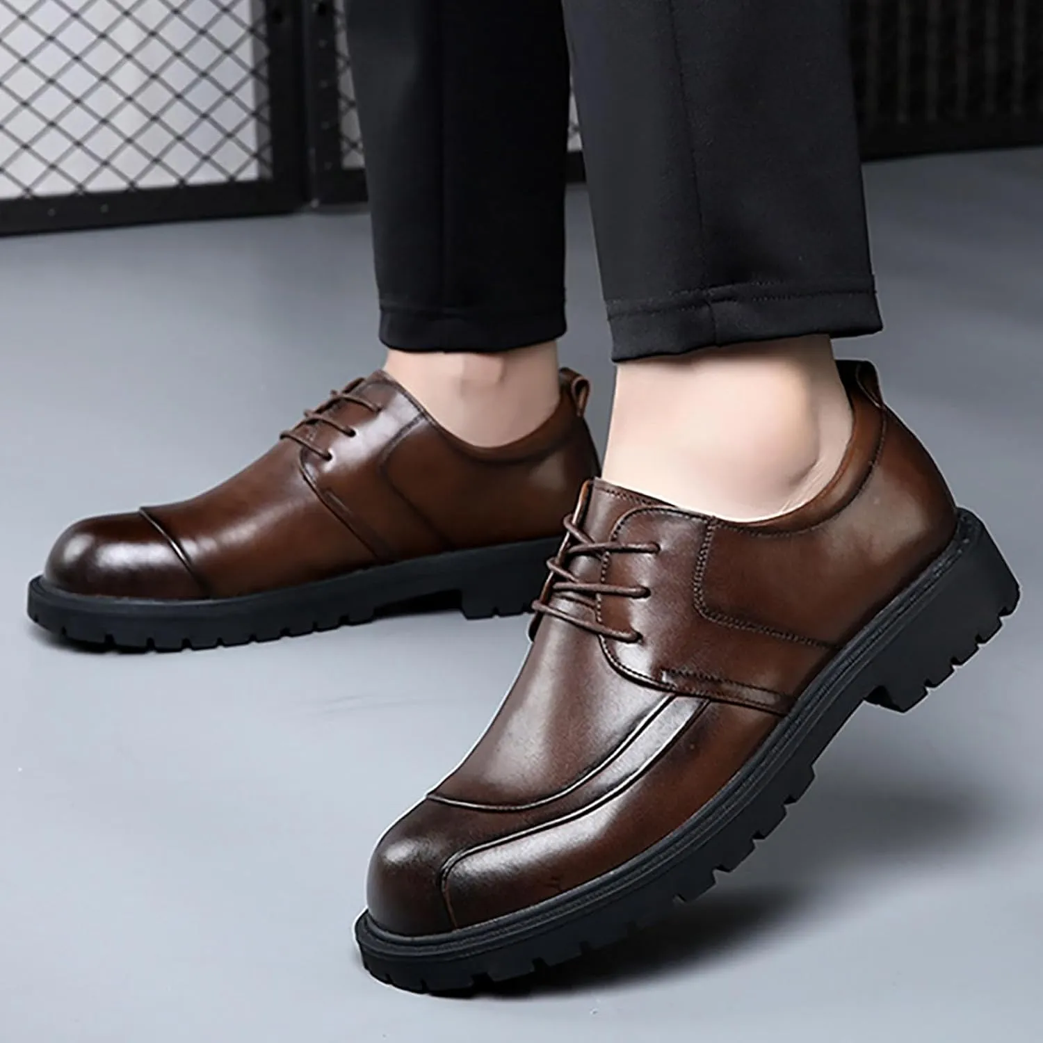Men's Thick Sole Casual British Business Dress Shoes Comfortable Breathable Soft Leather Rubber Sole for Stability Ideal for Office and Occasions Perfect