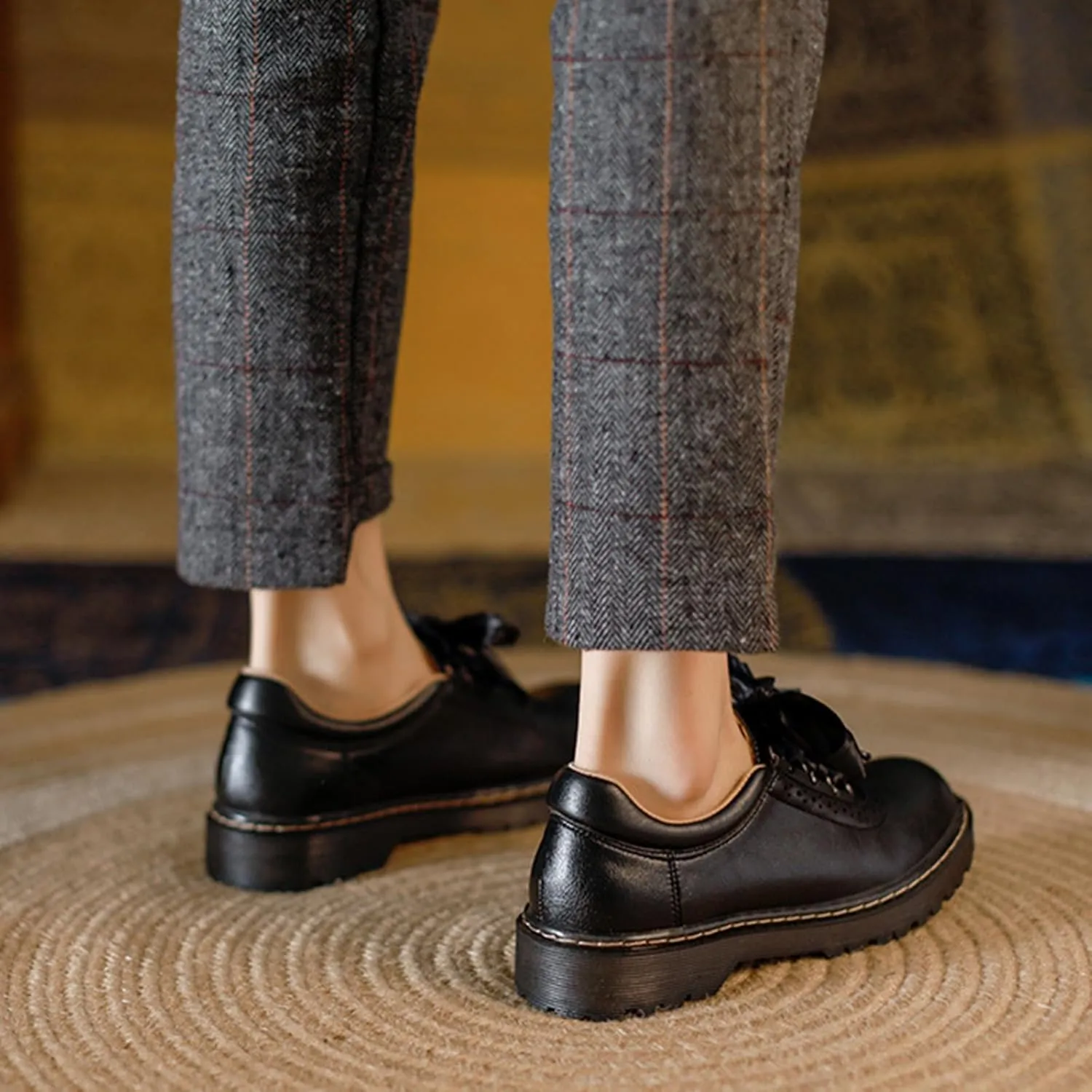 Women's Retro Round Toe Loafers with Silk Ties, Thick Soles, and Chunky Heels for School Or Work - Women's Single Shoes