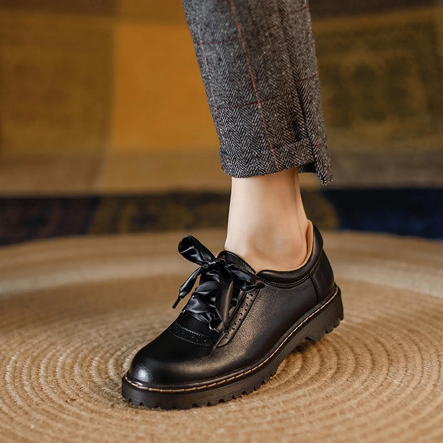 Women's Retro Round Toe Loafers with Silk Ties, Thick Soles, and Chunky Heels for School Or Work - Women's Single Shoes