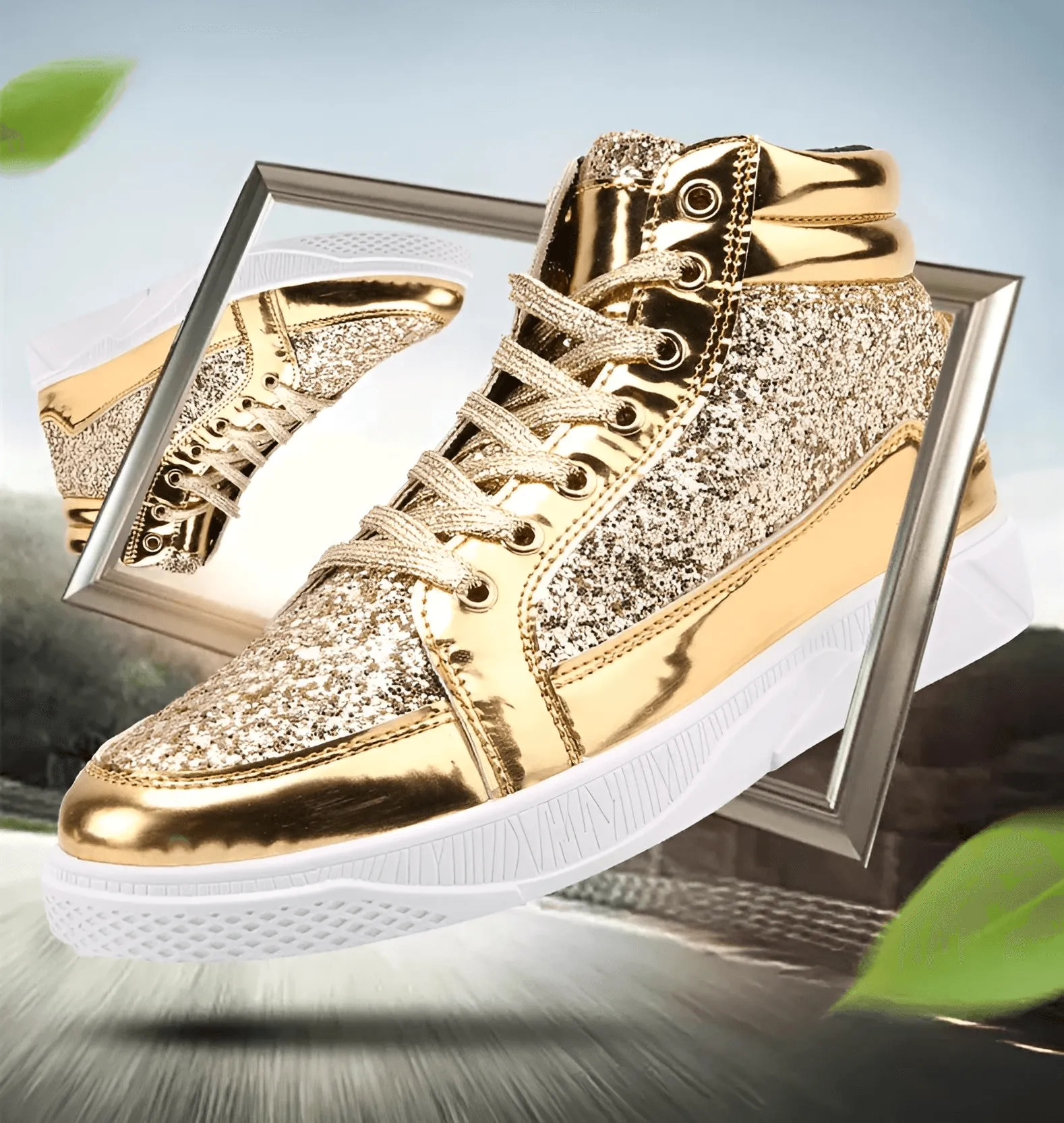 X Hot Fashion Gold Shiny Mirror Men's Hip Hop Sneakers High Top